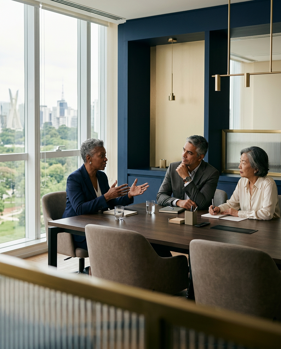 Lideranças em uma conversa de desenvolvimento em escritório contemporâneo